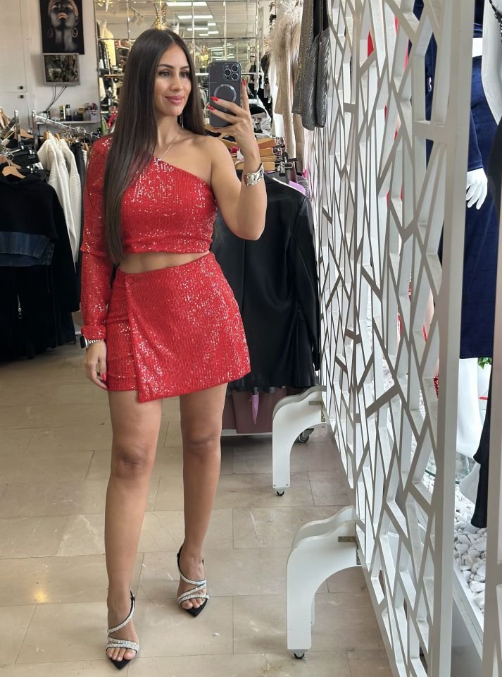 Payetli şort etek crop takım