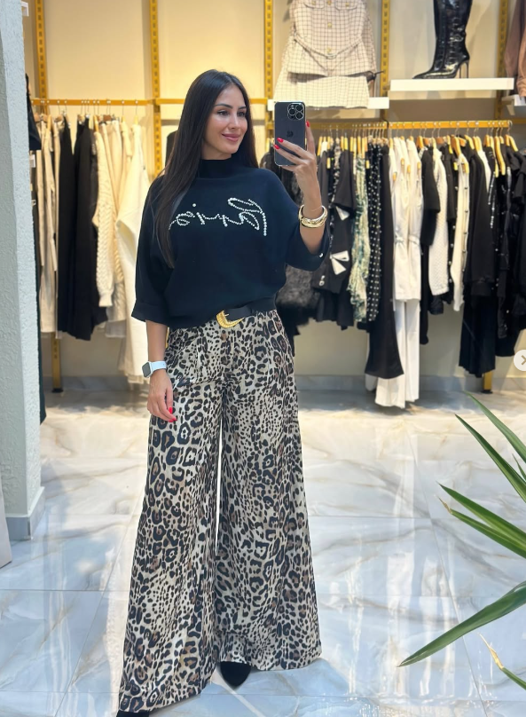 Kemerli Leopar Desenli Pantolon