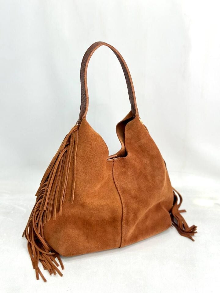 Hakiki Süet Deri Püsküllü Çanta