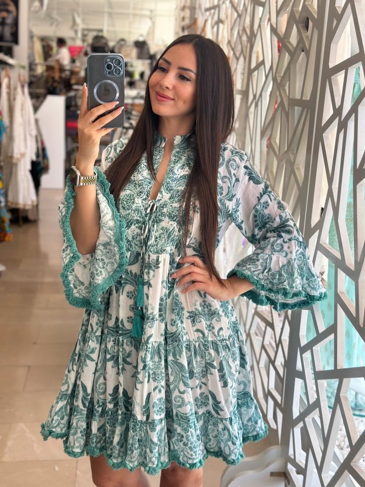 ANTİCA SANTORİA LEONI AL SOLE EL İŞLEMELİ YEŞİL ELBİSE