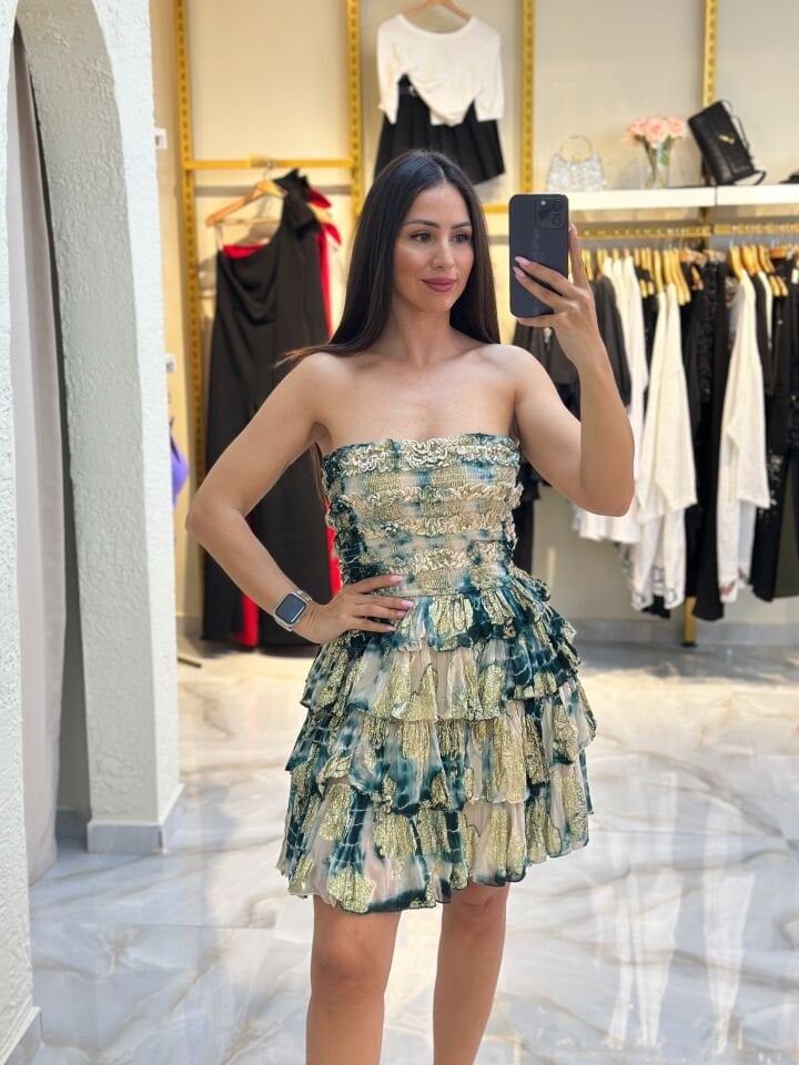 Kat kat tasarım yeşilli straplez elbise